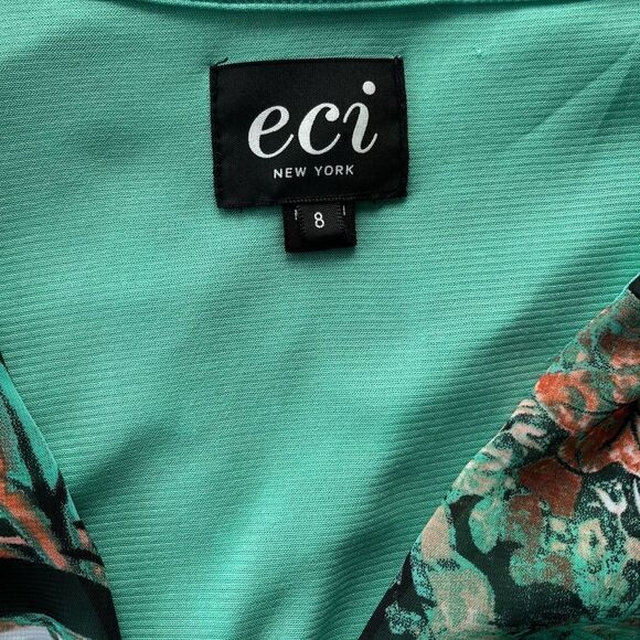 ECI NY Paisley Chiffon High Slit Maxi Dress Teal Aqua 8 Boho 70s Ethereal Chic - Picture 5 of 10